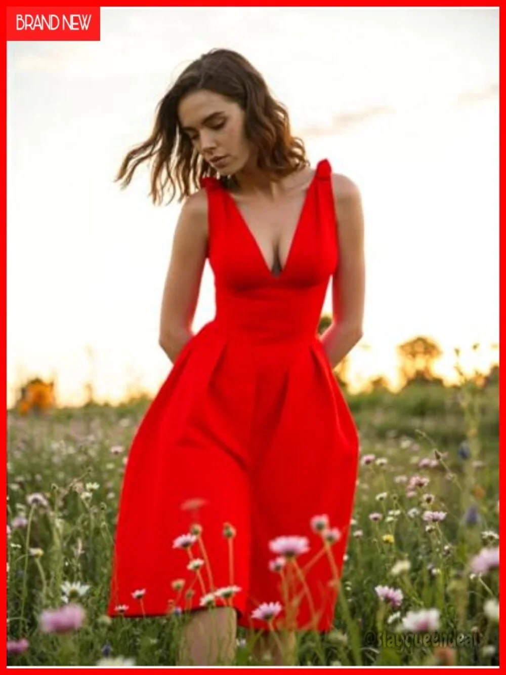 Women's Sleeveless Deep V-Neck 1950s Retro Vintage A-Line Swing Maxi Dress with